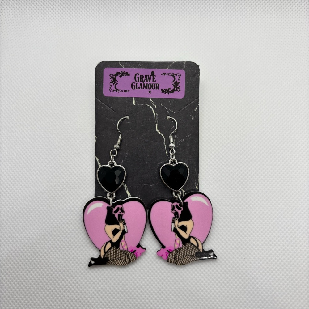 Hand made Grave Glamour Pink and Black Heart Earrings